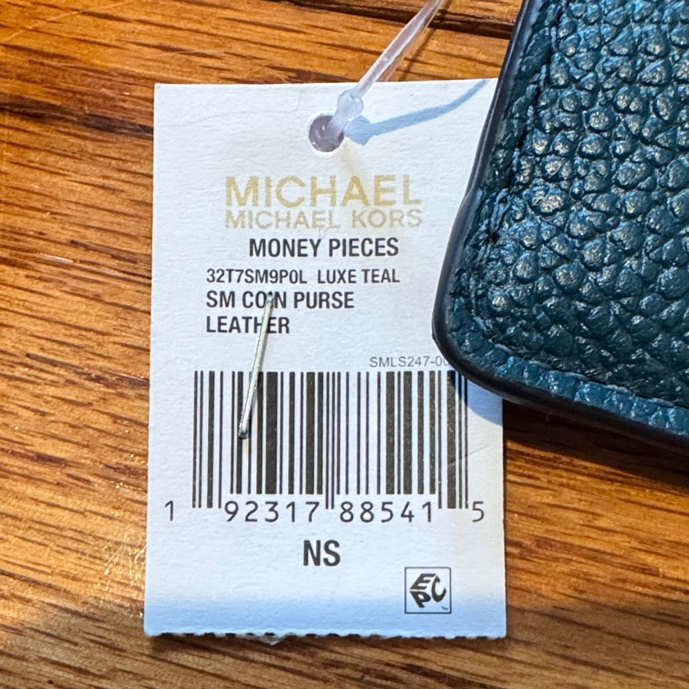 Michael Kors Luxe Teal Pebbled Leather Zip Wristlet Card Holder with Gold Logo - Picture 3 of 5